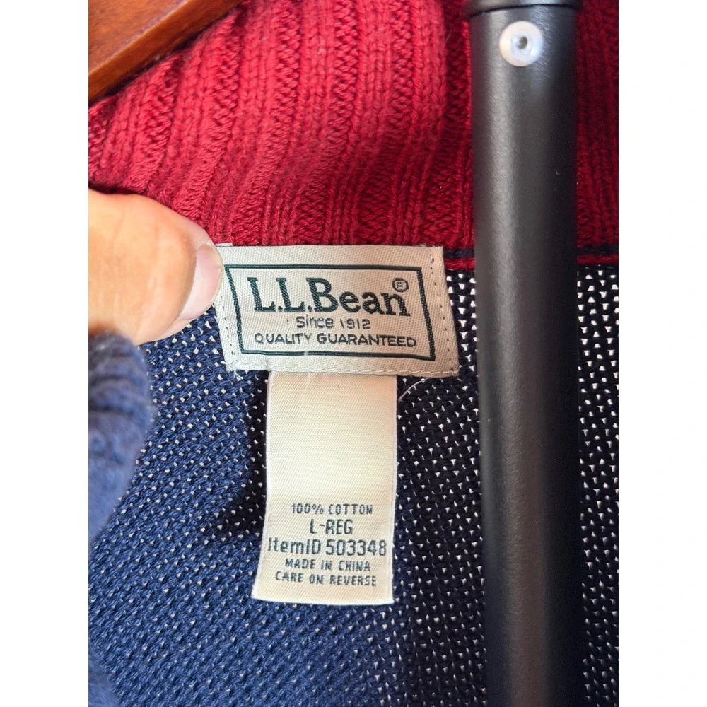 LL Bean Mens Navy Blue Fair Isle Nordic 1/4 Zip Cotton Sweater Large Cabin Core